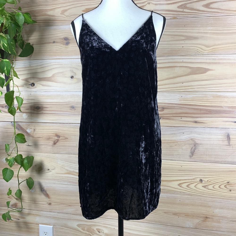 Zara trf Slip Dress Women XS Black Crushed Velvet Leopard Plunge Mini Whimsigoth